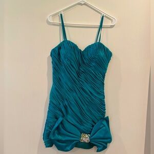 Teal Ruched Dress with Bow Detail